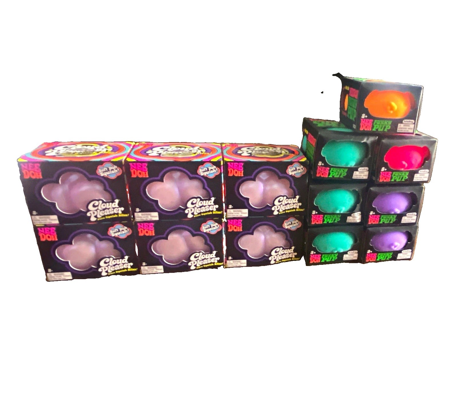 Nee Doh 6 Cloud Pleaser & 7 Squish Pup Lot, Purple/Teal/Pink/Orange