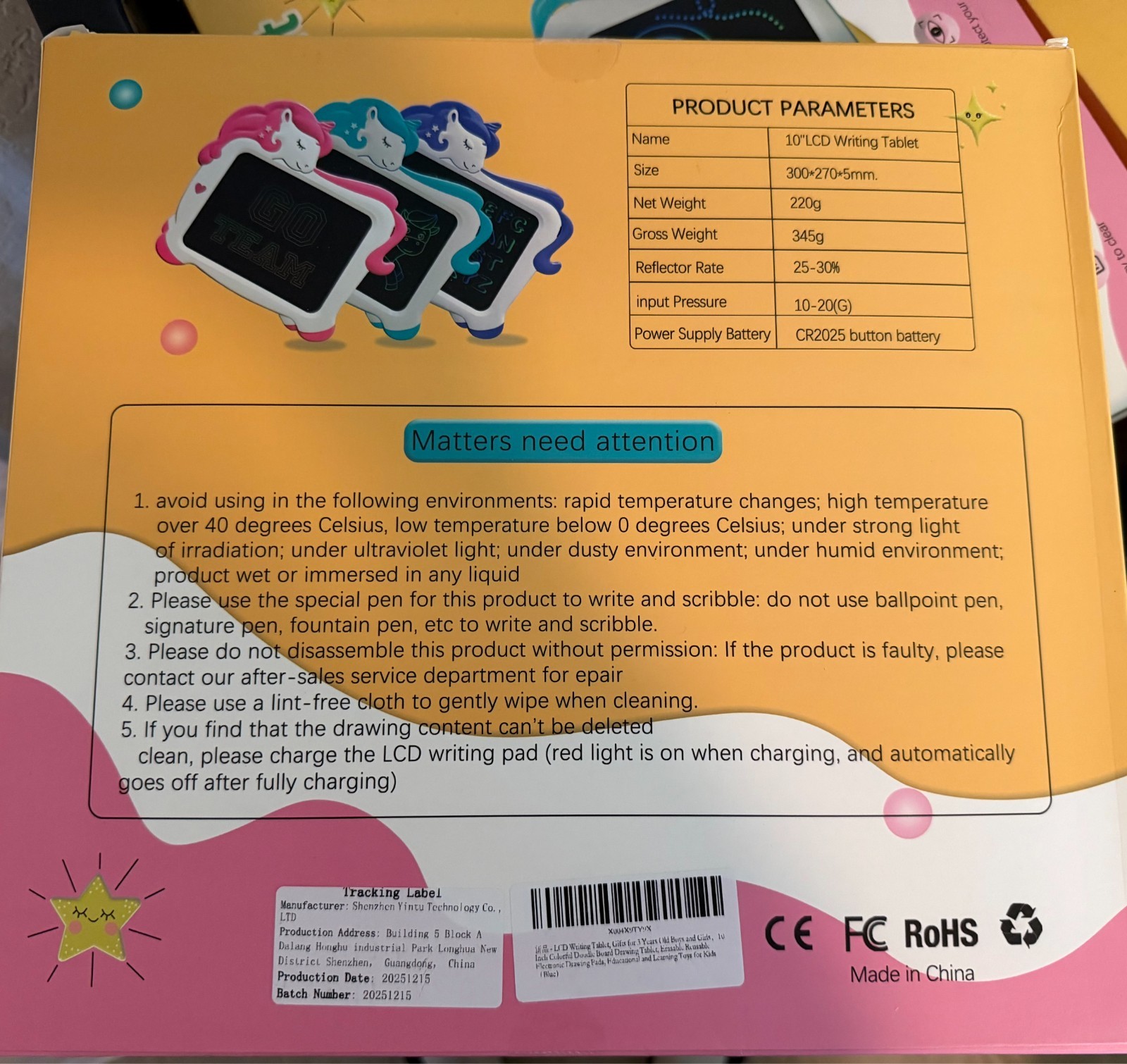 NEW LARGE SCREEN LCD 10 INCH Writing Tablet Unicorn Design BLUE Kids Ages 3+