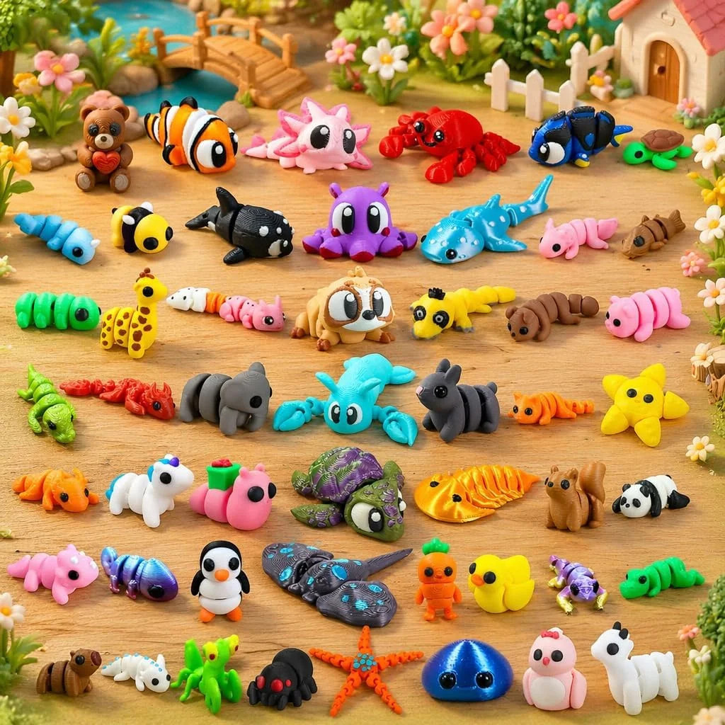 50 Pcs Mini 3D Printed Animal Set, Articulated Flexible Cute Animal Surprise 3D