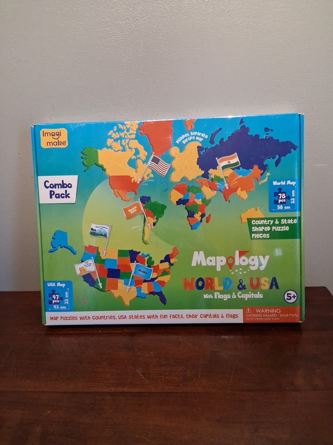 Mapology USA & World Map Puzzle with Flags, Capitals, Stickers Combo Pack NIP