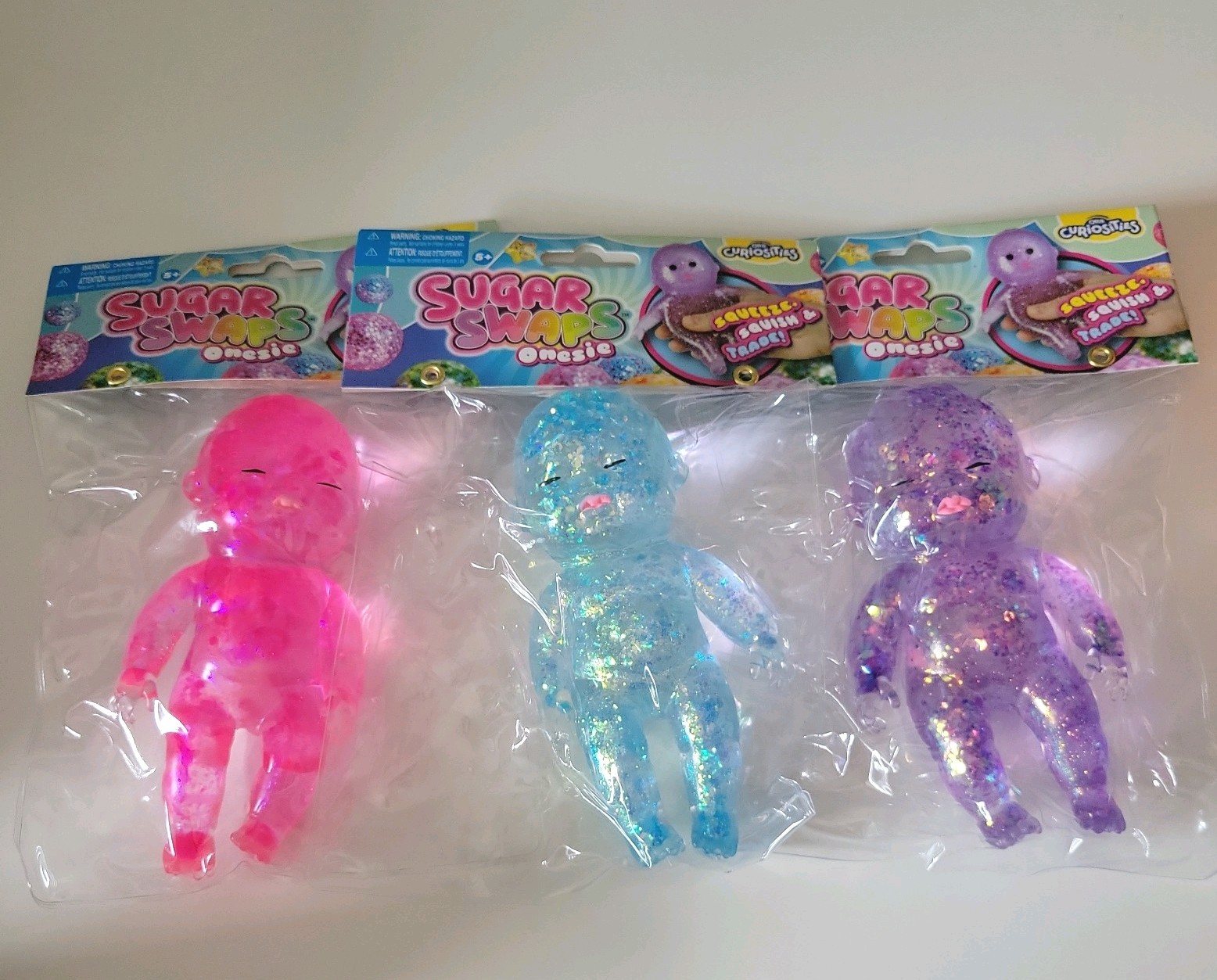 Sugar Swaps Orb Curiosities 5″ BABY Glitter Squishy SET OF 3 Pink Blue Purple