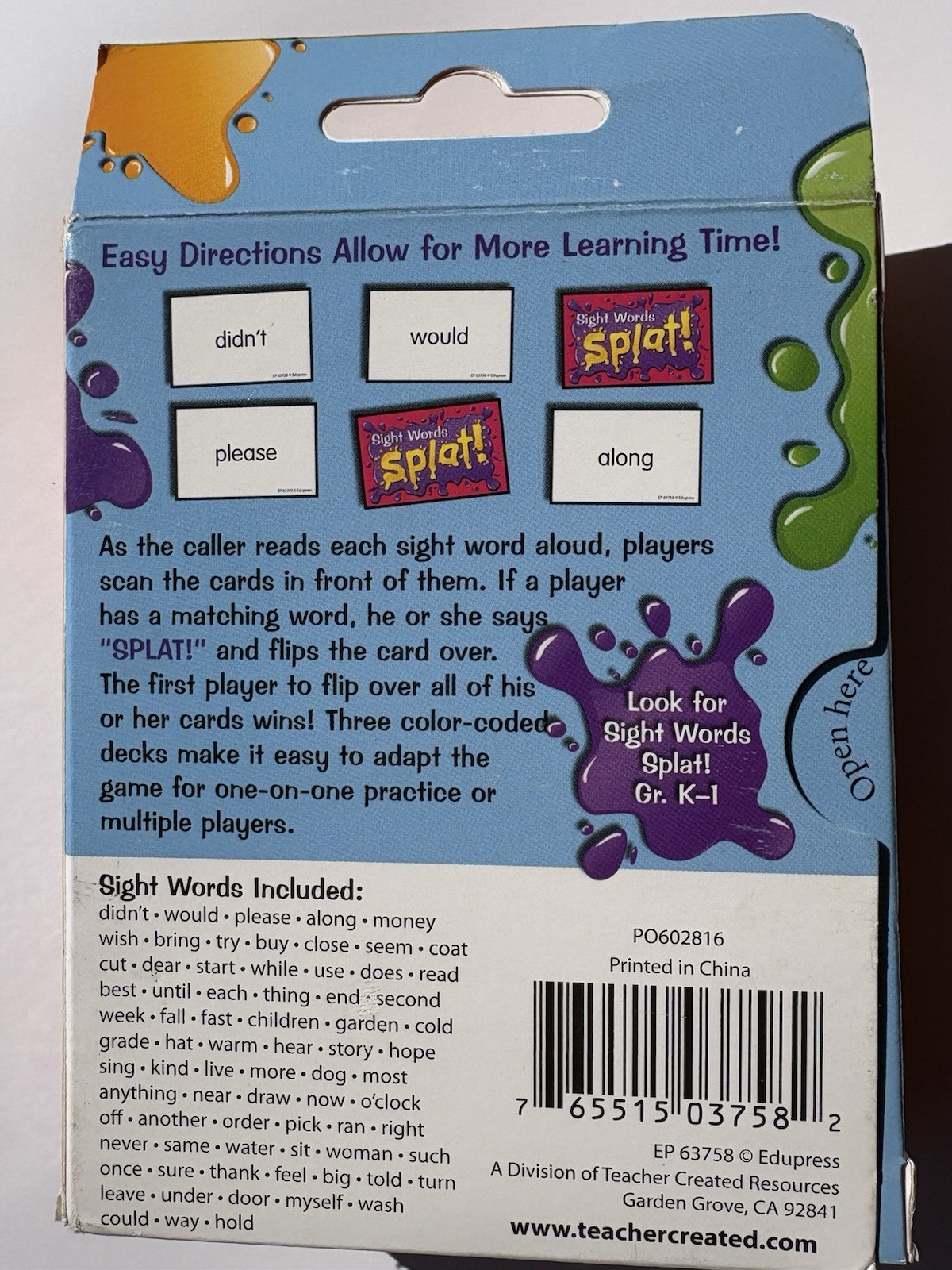 Edupress Classroom Games Sight Words Splat Grades 1-2, NEW! 2-6 Players