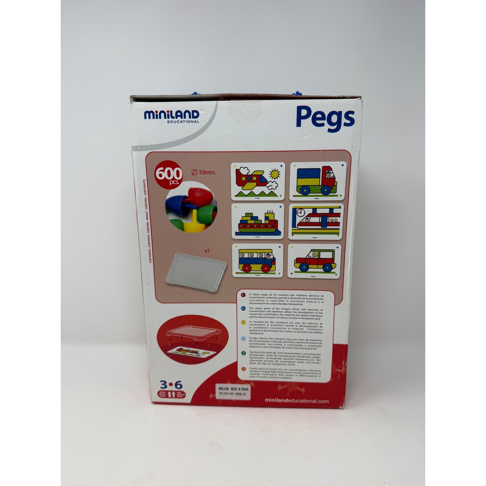 Miniland Educational Pegs 600 Pcs 10mm Mosaic Game Art Set with 6 Pattern Cards