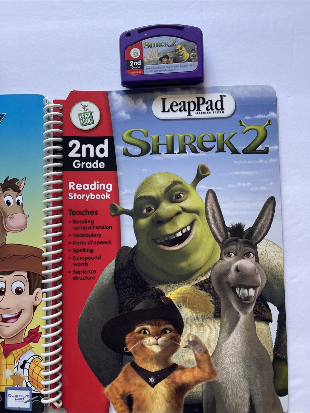 Leap Frog Pad 1st 2nd Grade Shrek 2, Toy Story 2, Batman Books & Cartridges Good