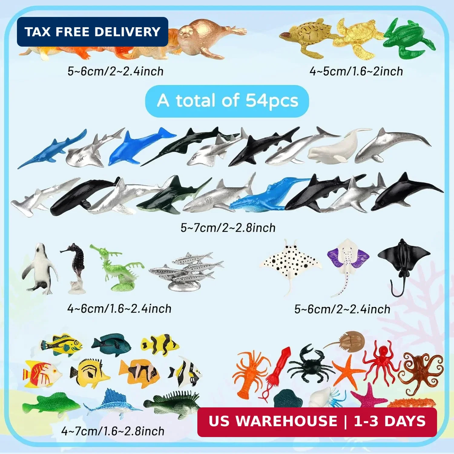 54 Pack Assorted Mini Vinyl Plastic Ocean Sea Animal Figures Toy Set, Realistic