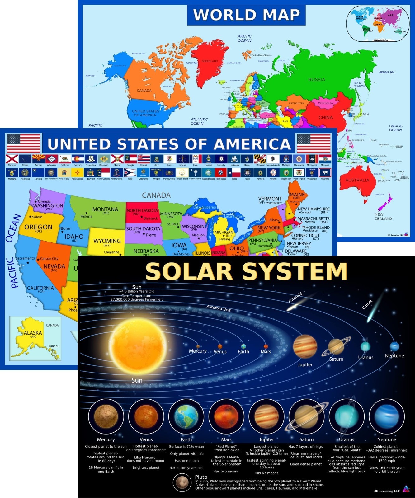 Educational World Map & US Map Poster + Solar System – Laminated 14×19.5″ – Clas