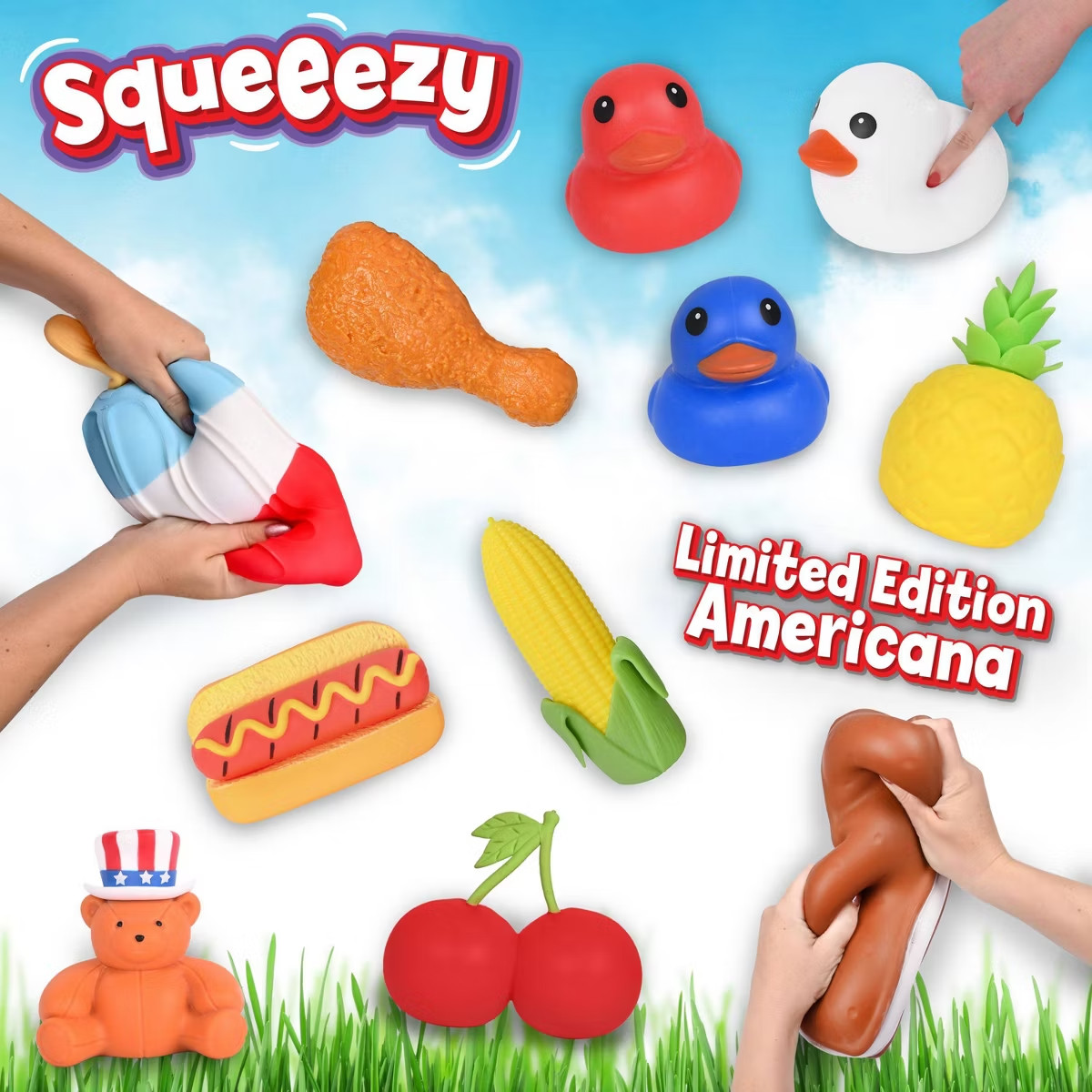 Sunny Days Squeeezy Americana Squishy Rocket Pop Viral Novelty Fidget Toy New