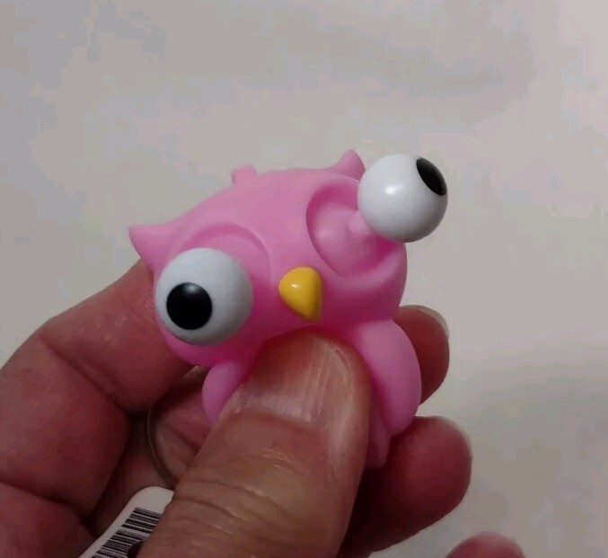 Owl Pink Rubber Squeeze Toy Eyes Pop Out Keychain Stress Fidget 2″ Tiny
