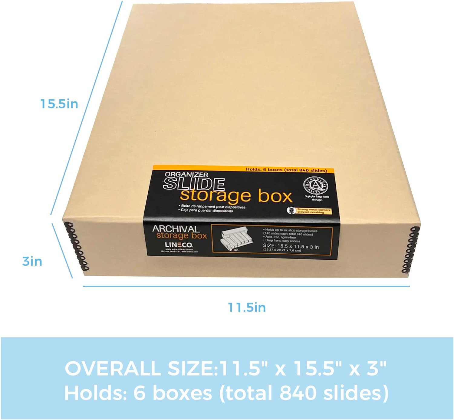 , Archival Slide Storage Box 15.5″ X 11.5″ X 3″, Holds up to 840 Films, with 6 I