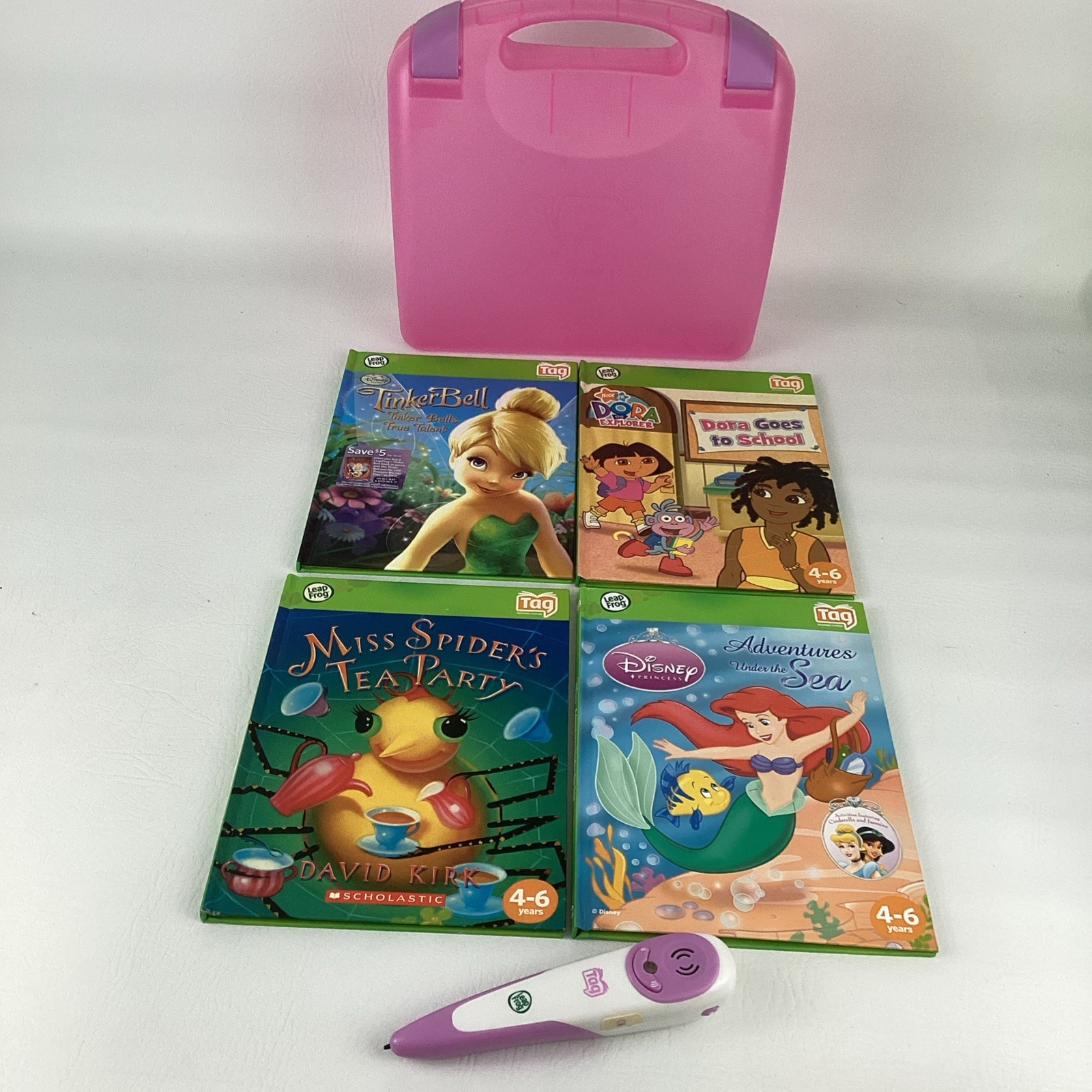 Leap Frog Tag Reader Pen Scholastic Books Carry Case Miss Spider Ariel Dora Tink