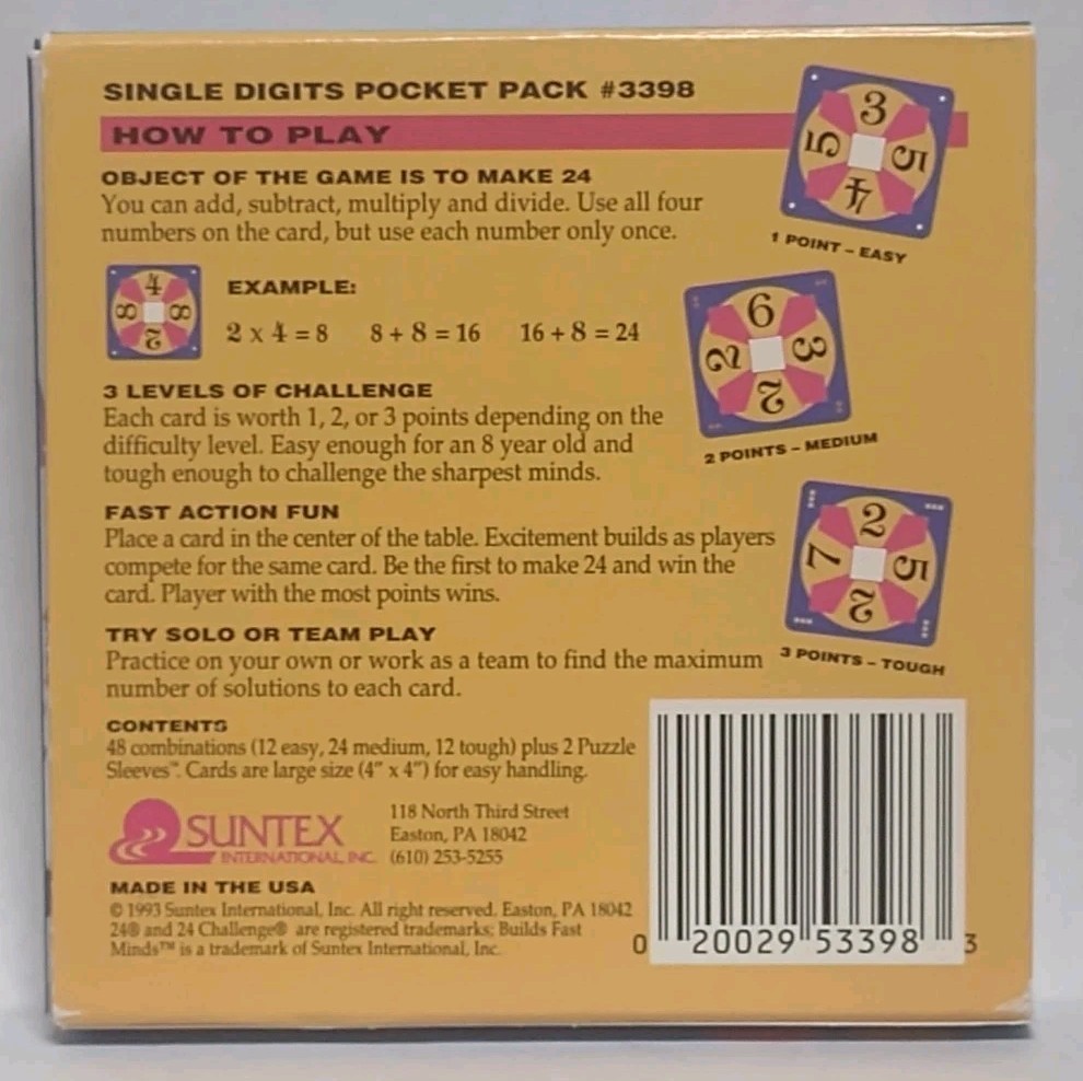 Vtg 24 Game Single Digits Pocket Pack 3398 Complete With Instructions 1993
