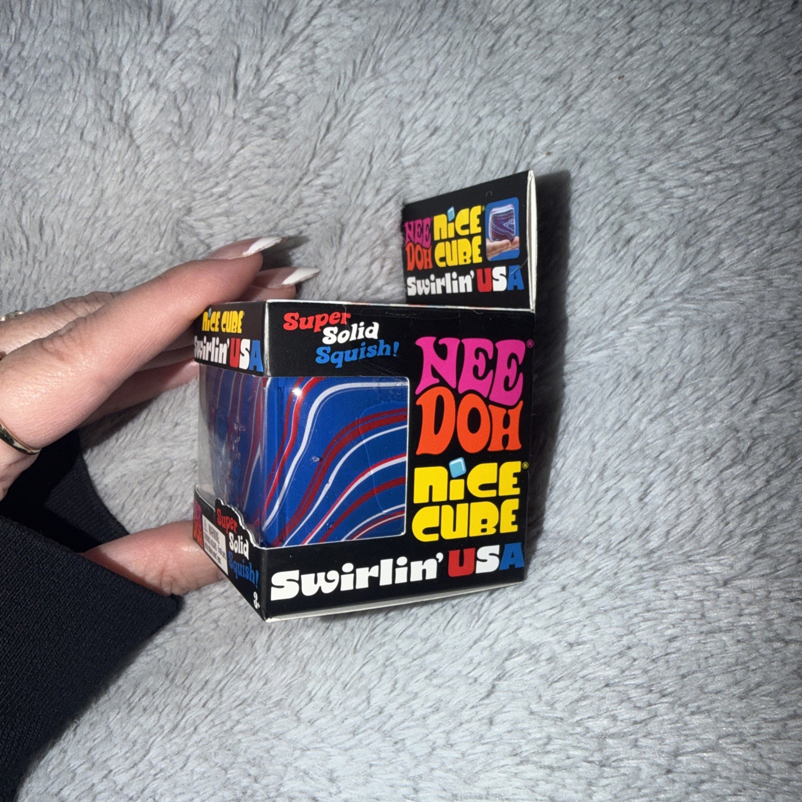 Nee Doh Nice Cube Swirlin’ USA Super Solid Squish Toy Blue Red White Squishy