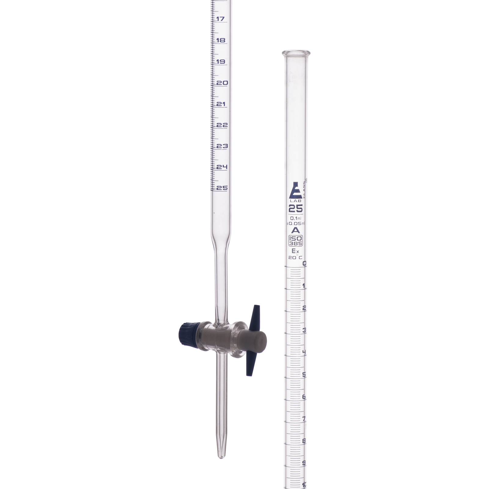 Burette 25mL – PTFE Key Stopcock – Class A – Blue 0.1mL Grad. – Eisco Labs