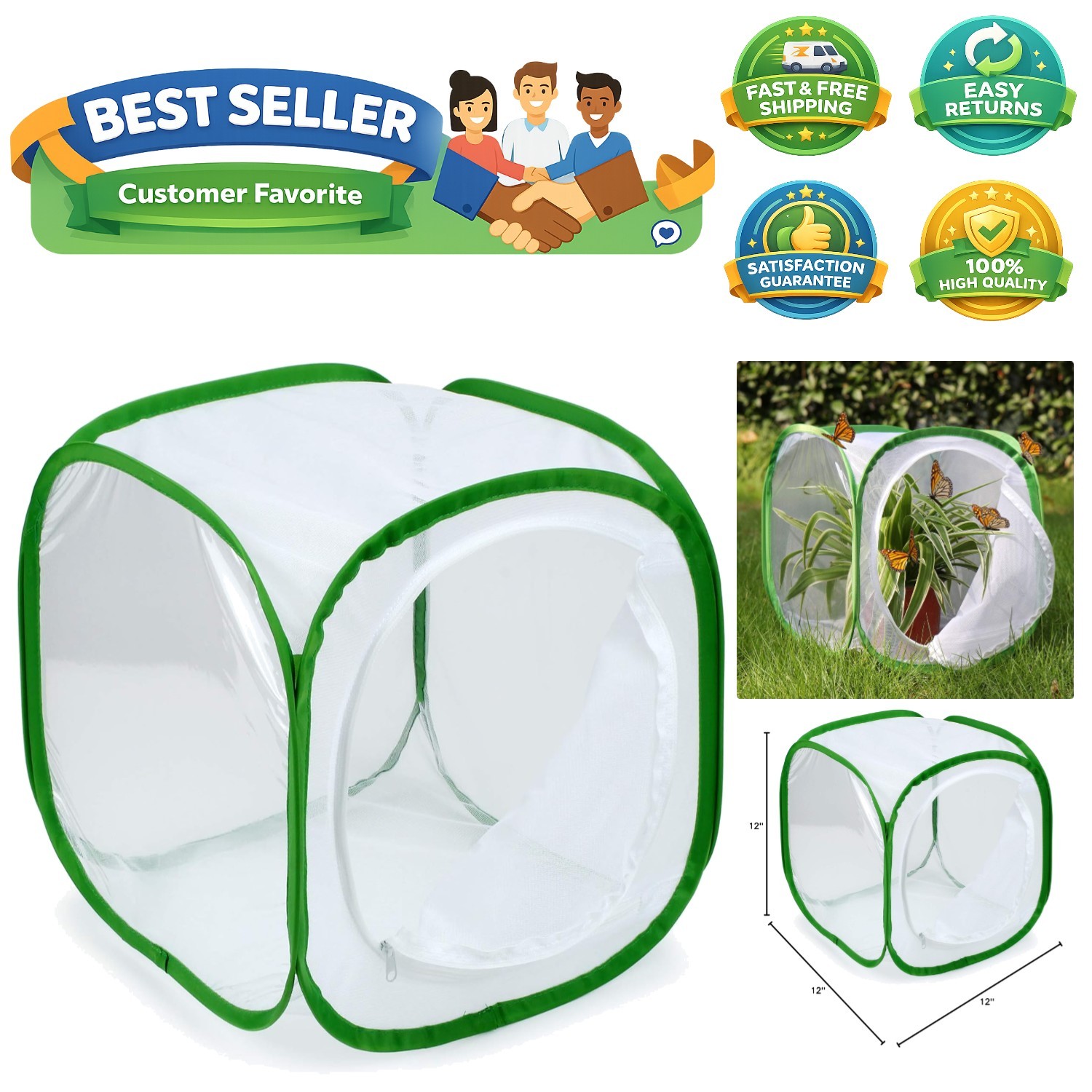 Insect and Butterfly Habitat Cage Terrarium Pop-up 12 X 12 X 12 Inches