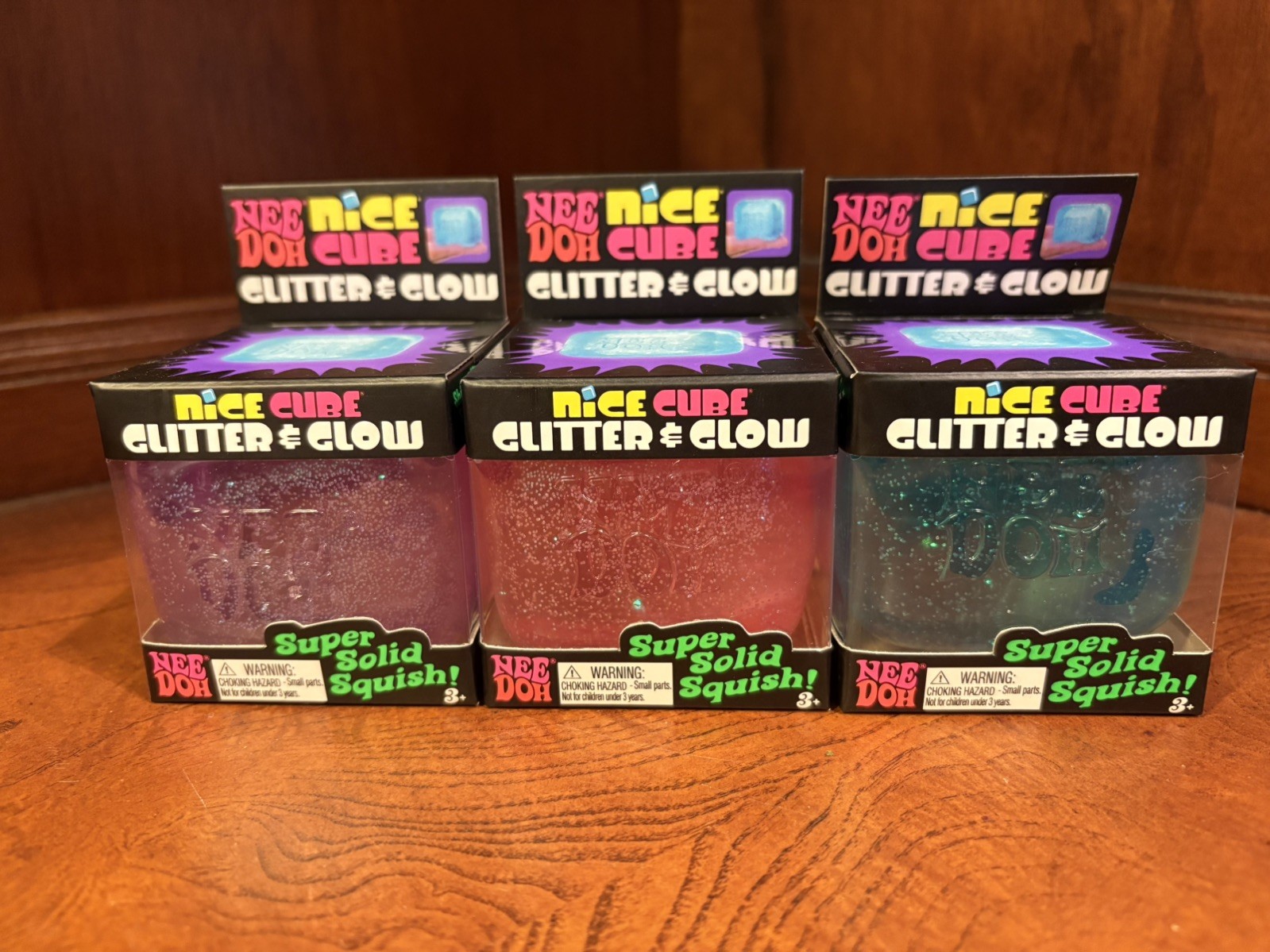 NeeDoh Nice Cube Glitter & Glow | SET OF 3 Blue Purple Pink | Schylling Nee Doh