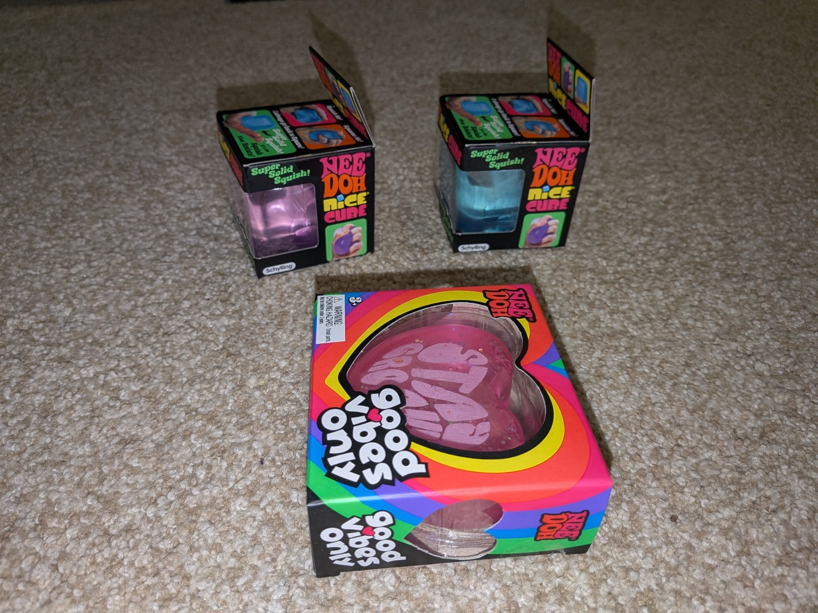 3x New RARE Purple Blue Pink NeeDoh Heart Squishy Nice Cube Jellie Dohnut Stress