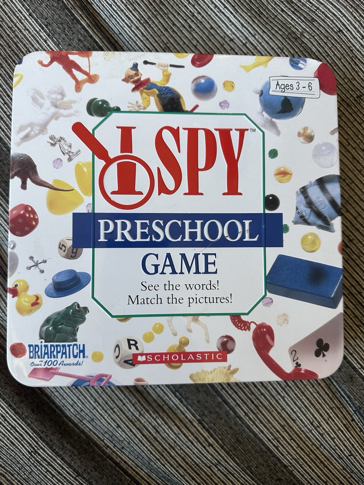 Scholastic I Spy Preschool Game In Tin Box Ages 3 and Up In Very Good Condition
