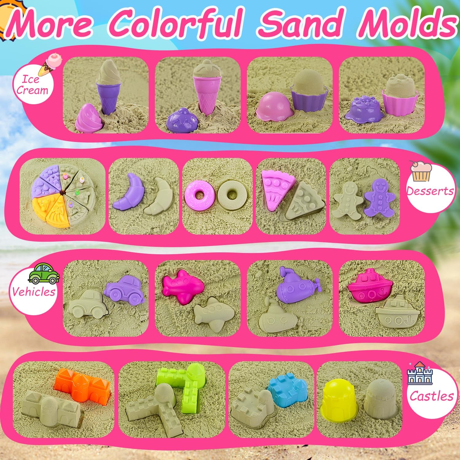 Elovien Beach Sand Toys, 50Pcs Sandbox Toys with 2 Medium, Colorful