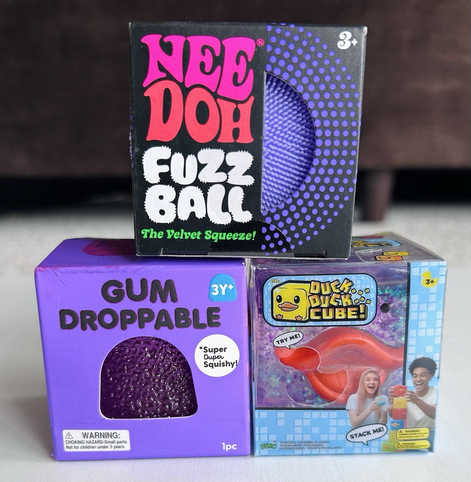 Authentic RARE NeeDoh Fuzz Ball, J’adore Gum Droppable & Duck Duck Cube Squishy