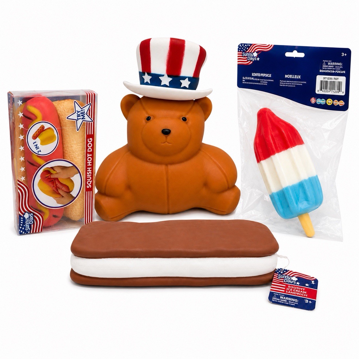 Squishy Patriotic Bear Hot Dog Popsicle Ice Cream Sandwich Sunny Days Lot Of 4