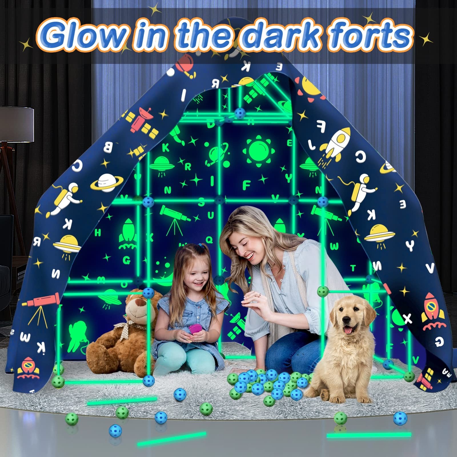 160PCS Kids Fort Building Kit Glow in the Dark Build a Fort with Blanket STEM…