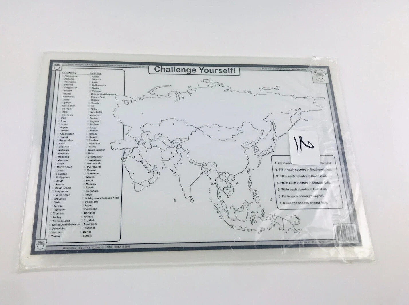 Asia Map Laminated Dry Erase Writable Washable Educational Placemat 11.5″x17.5″