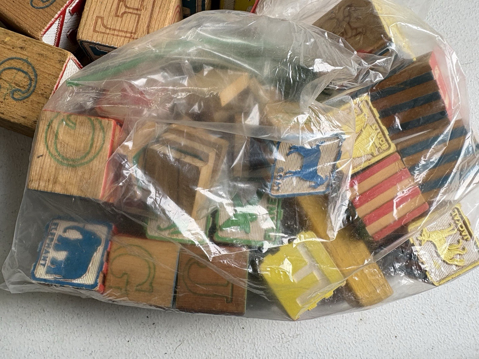 Vintage Playskool Alphabet Blocks Wood 1.75 Inch with Canister Plus Extras