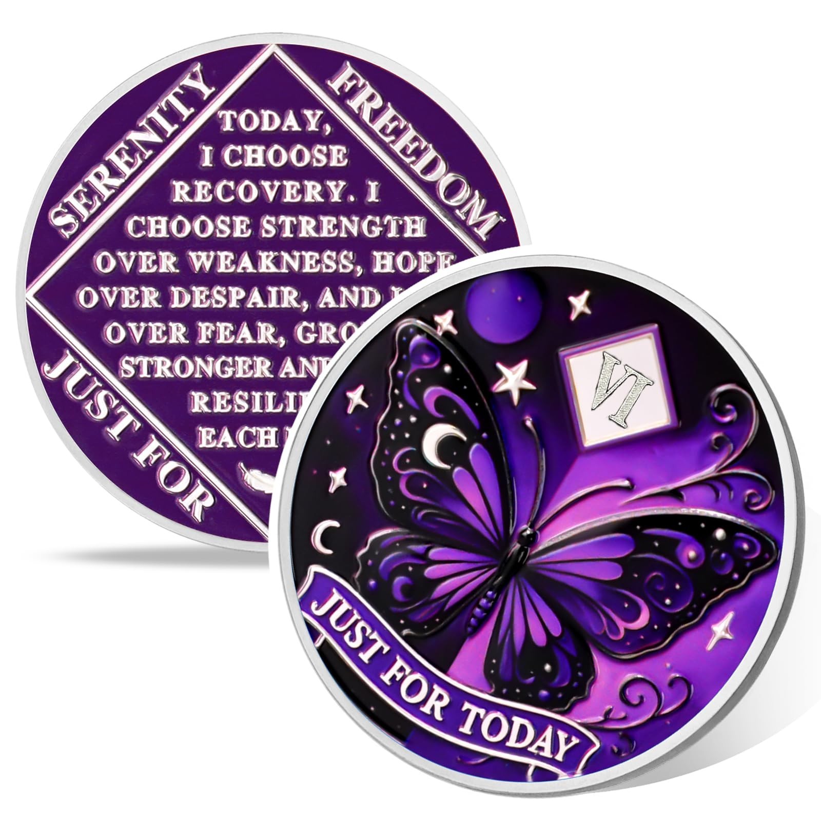 Moonlit Butterfly of Hope 6 Year Sobriety Coin, Affirmation AA Chips, Addicti…