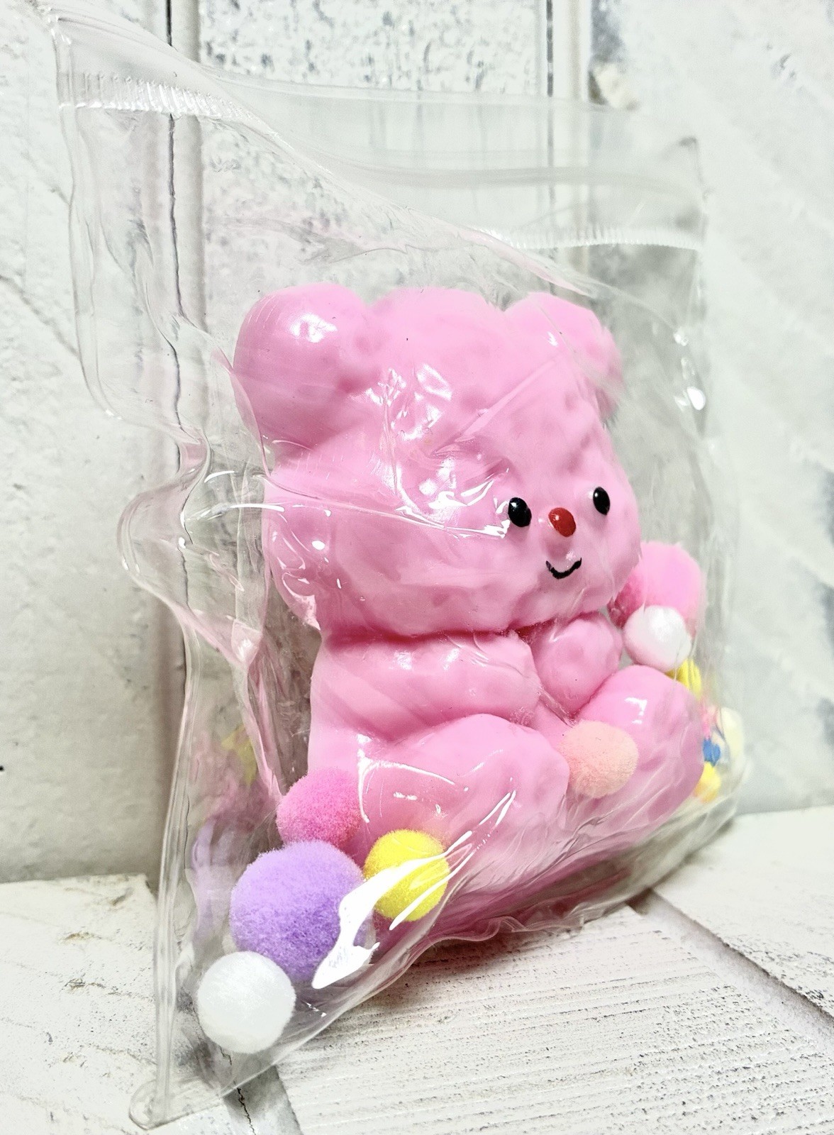 Squishy Toy Cute Pink Teddy Bear With Colorful Pom Poms In Clear Resealable Bag