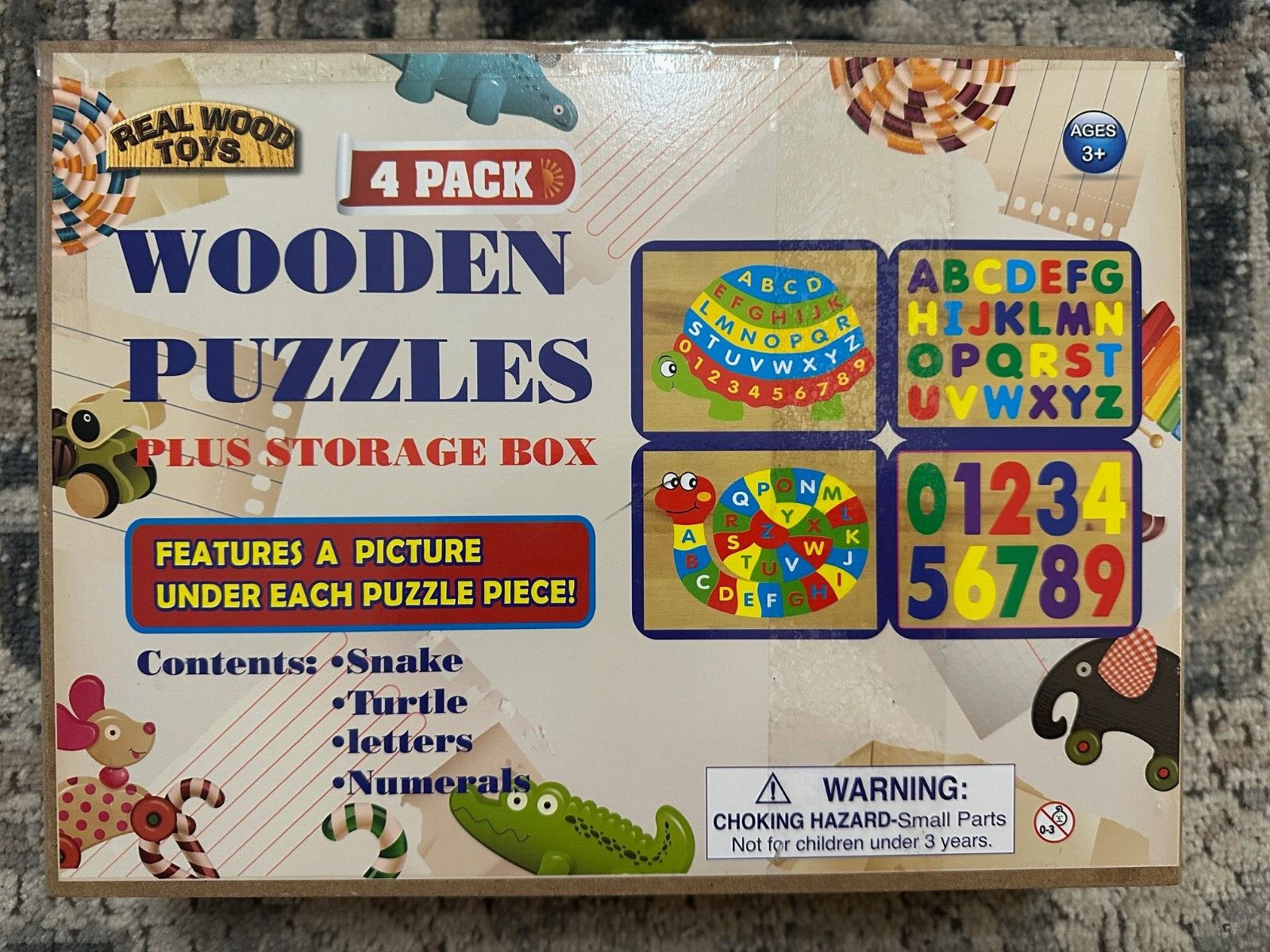 Wooden Puzzles 3 Pack Plus Storage Box States Alphabet Numbers Real Wood Toys 3+