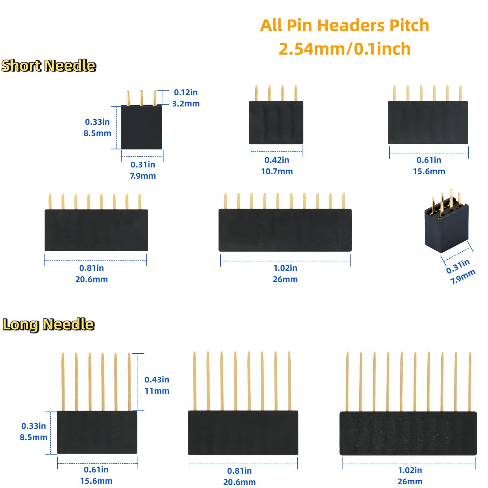 122 Pcs 2.54mm Female Header Pins Kit 3 4 6 8 10 40 Pin PCB Connector Set