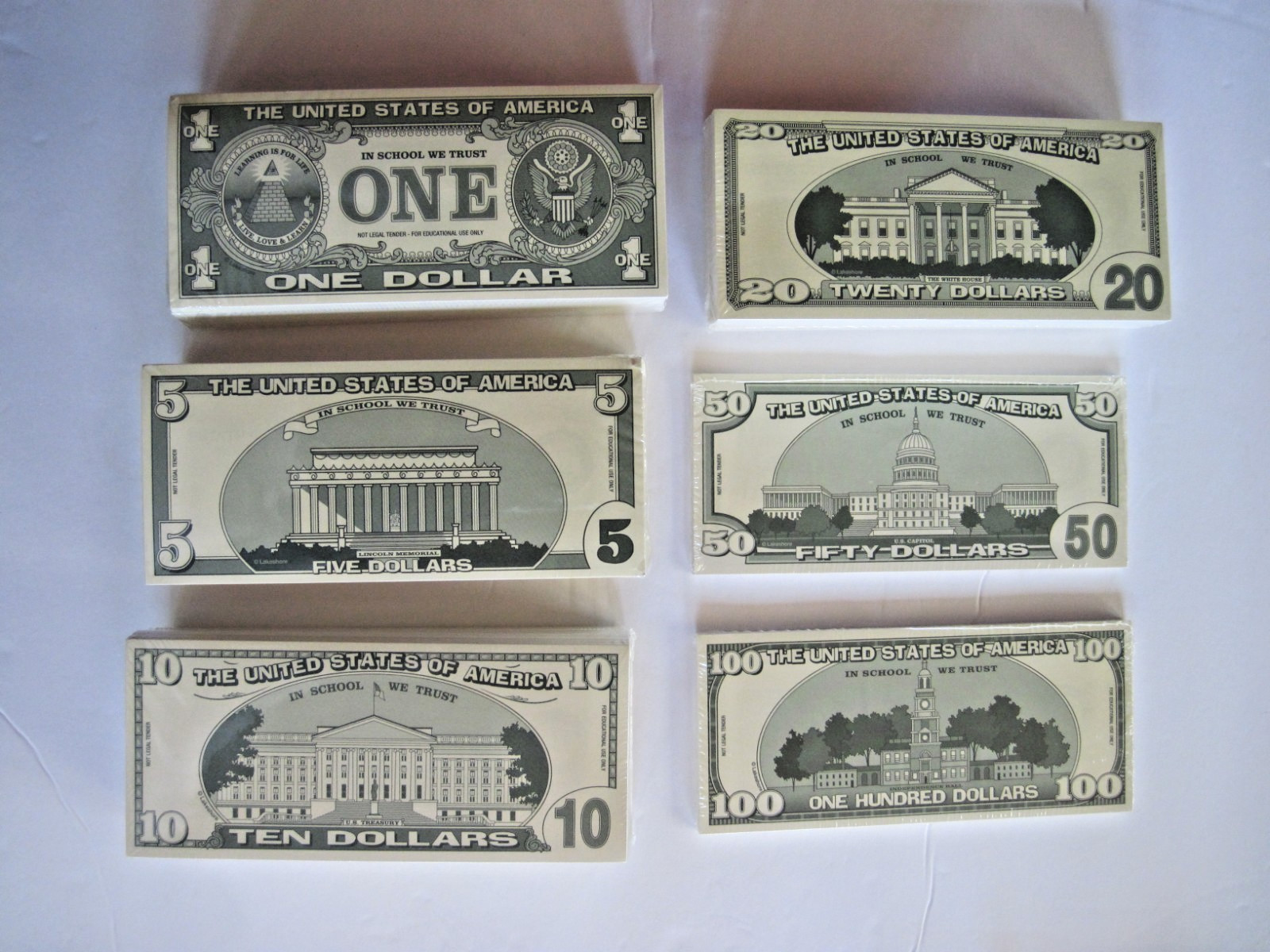1200 NEW Sealed Bundled LAKESHORE SCHOOL PAPER MONEY $1 $5 $10 $20 $50 $100