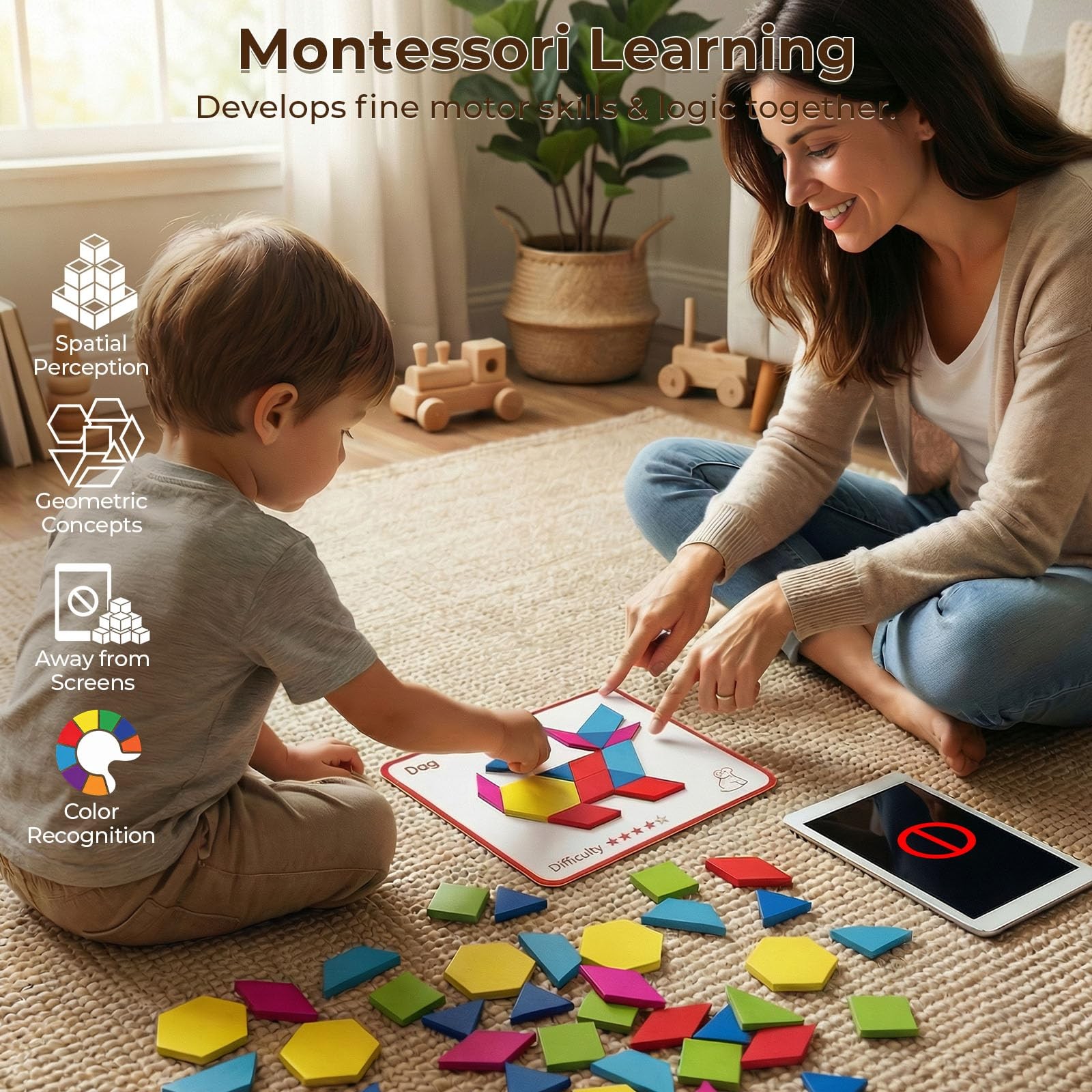 Wooden Pattern Blocks Geometric Shapes Tangram Puzzle Kids Montessori Toy