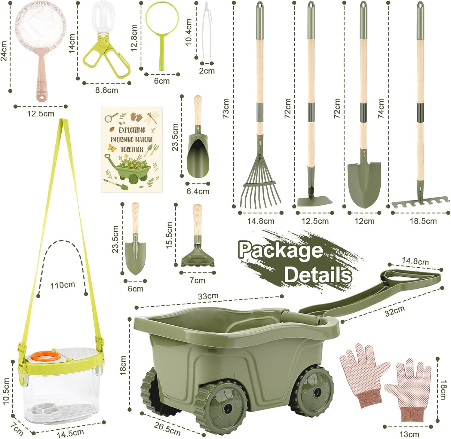 Green 2 In 1 Kids Gardening Tools Bug Catcher Kit with Wheelbarrow Bug House