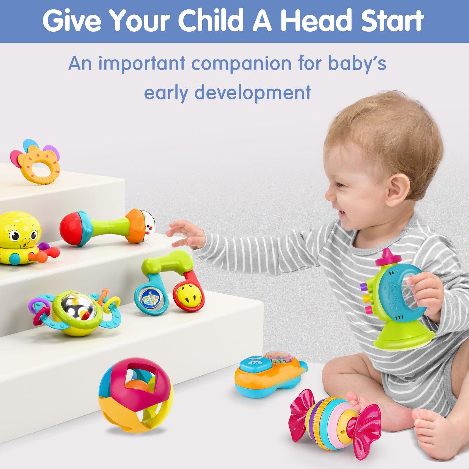 iPlay, iLearn 10pcs Baby Rattles Toys Set, Infant Grab Medium, Multicolor