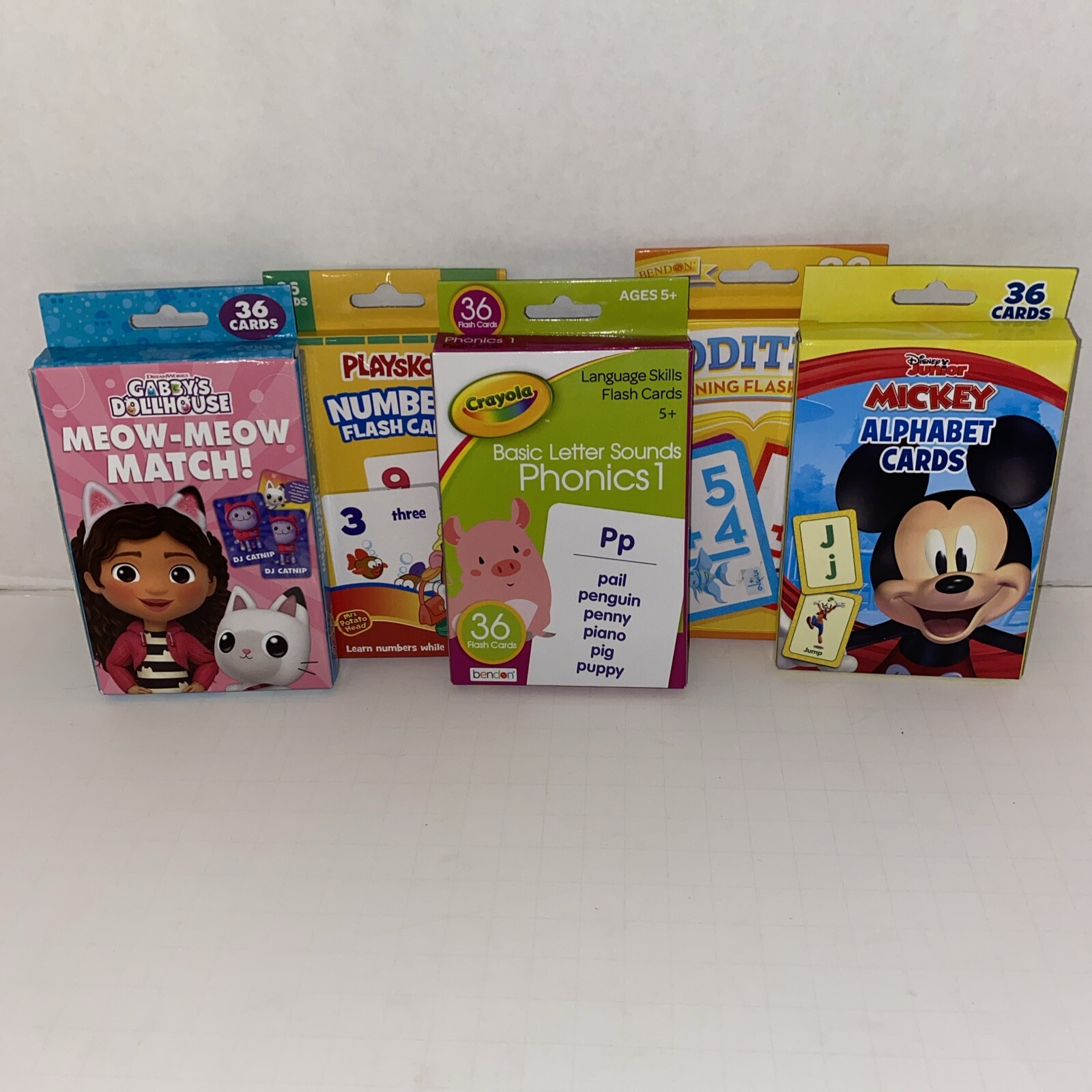 Flash Cards Set Of 5 Pre-k 3+ Math Alphabet Phonics Mickey Gabby Playskool
