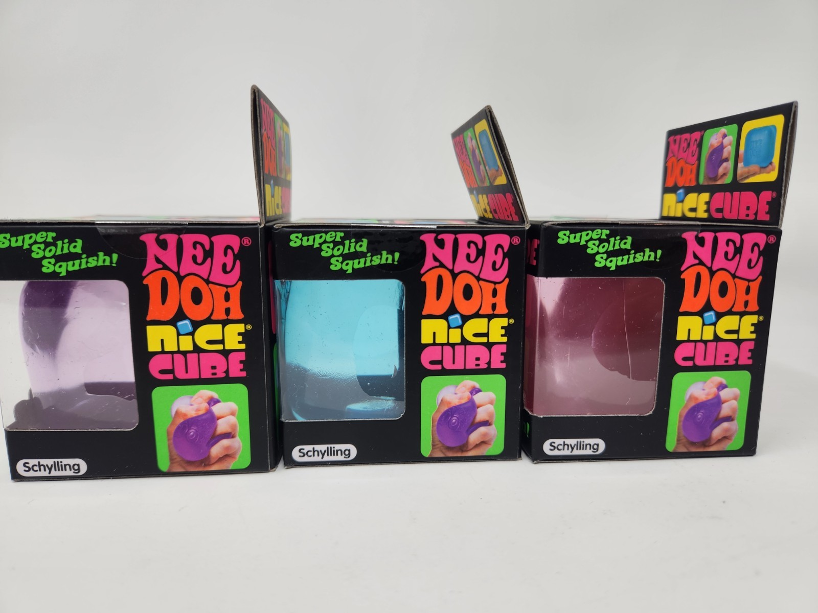 New NeeDoh Nice Cube 2.25″ Super Solid Squish 3-Pack Blue Pink & Purple Free S&H