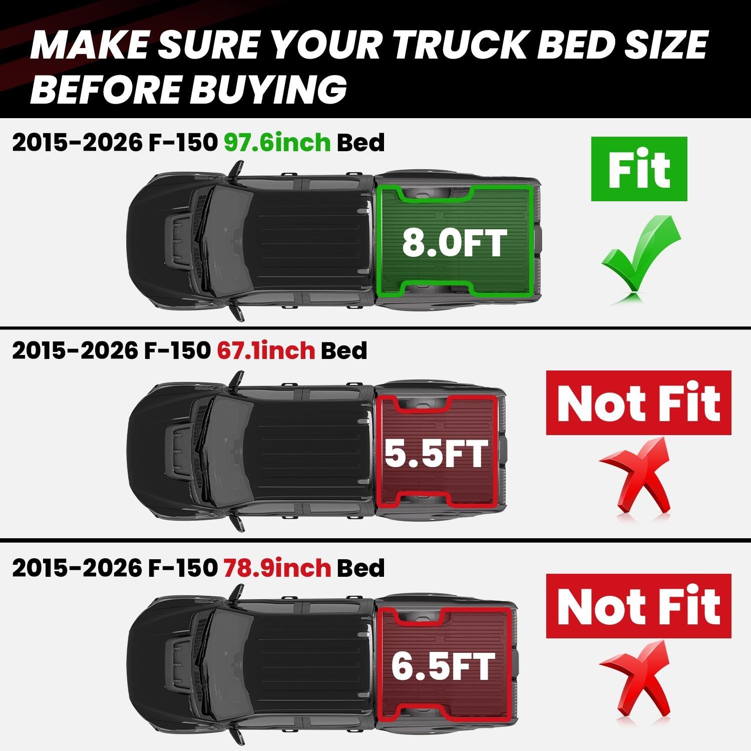 2017-2026 Ford F250 F350 F450 Bed Liner 8-Foot Truck Bed Mat Heavy-Duty Rubber