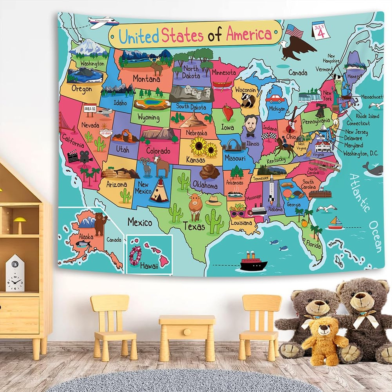 Kids Map of The United States Tapestry, Cartoon Fun Facts Geography USA Ameri…