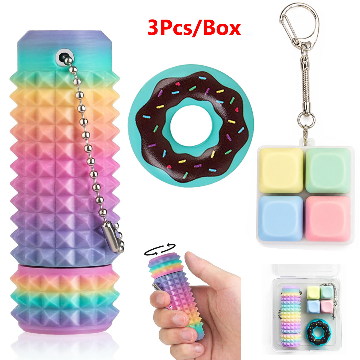 3Pcs Fidget Toys Pain Stimming 4 Button Clicker Keyboard Donut Magnetic Slider