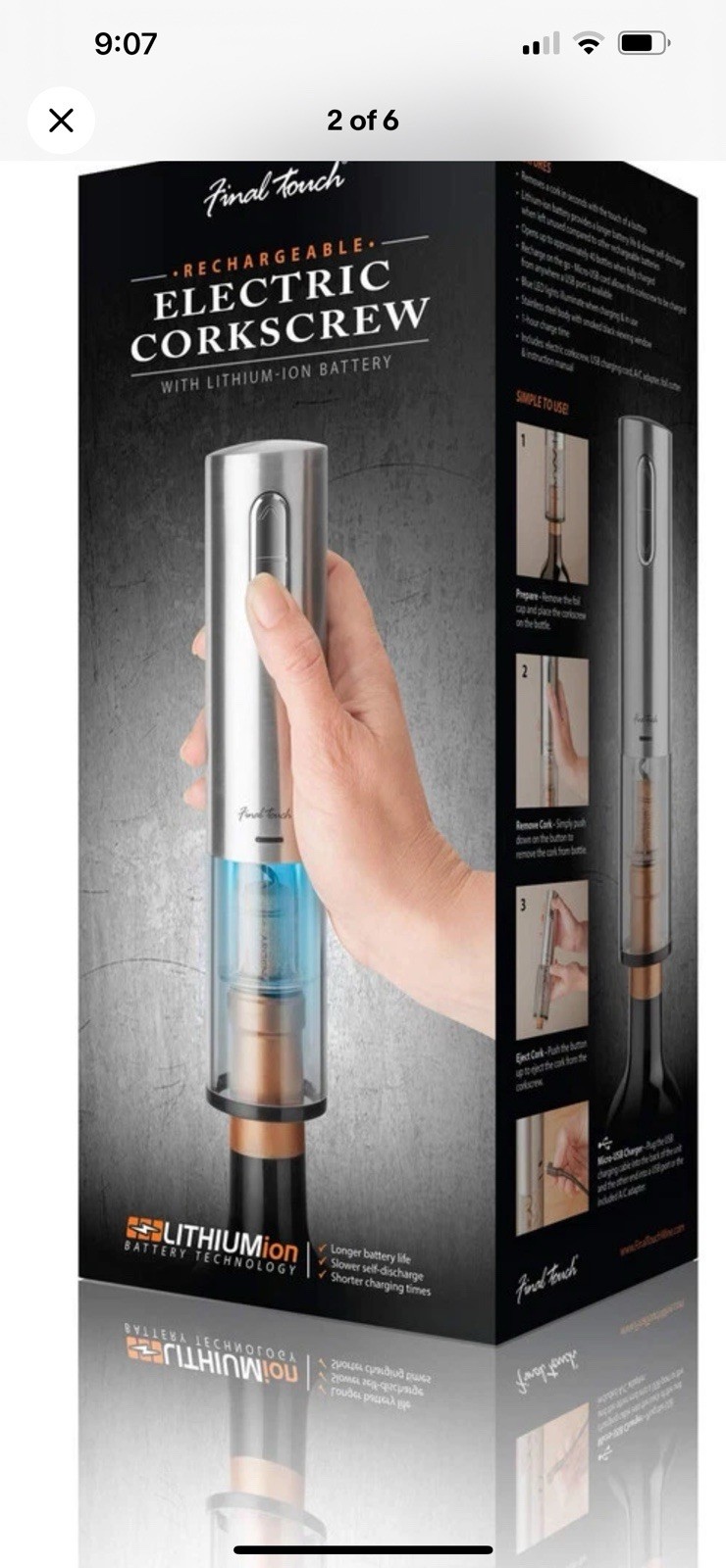 Final Touch Electric Corkscrew with Lithium-Ion Battery | Easy Cork Removal,USB