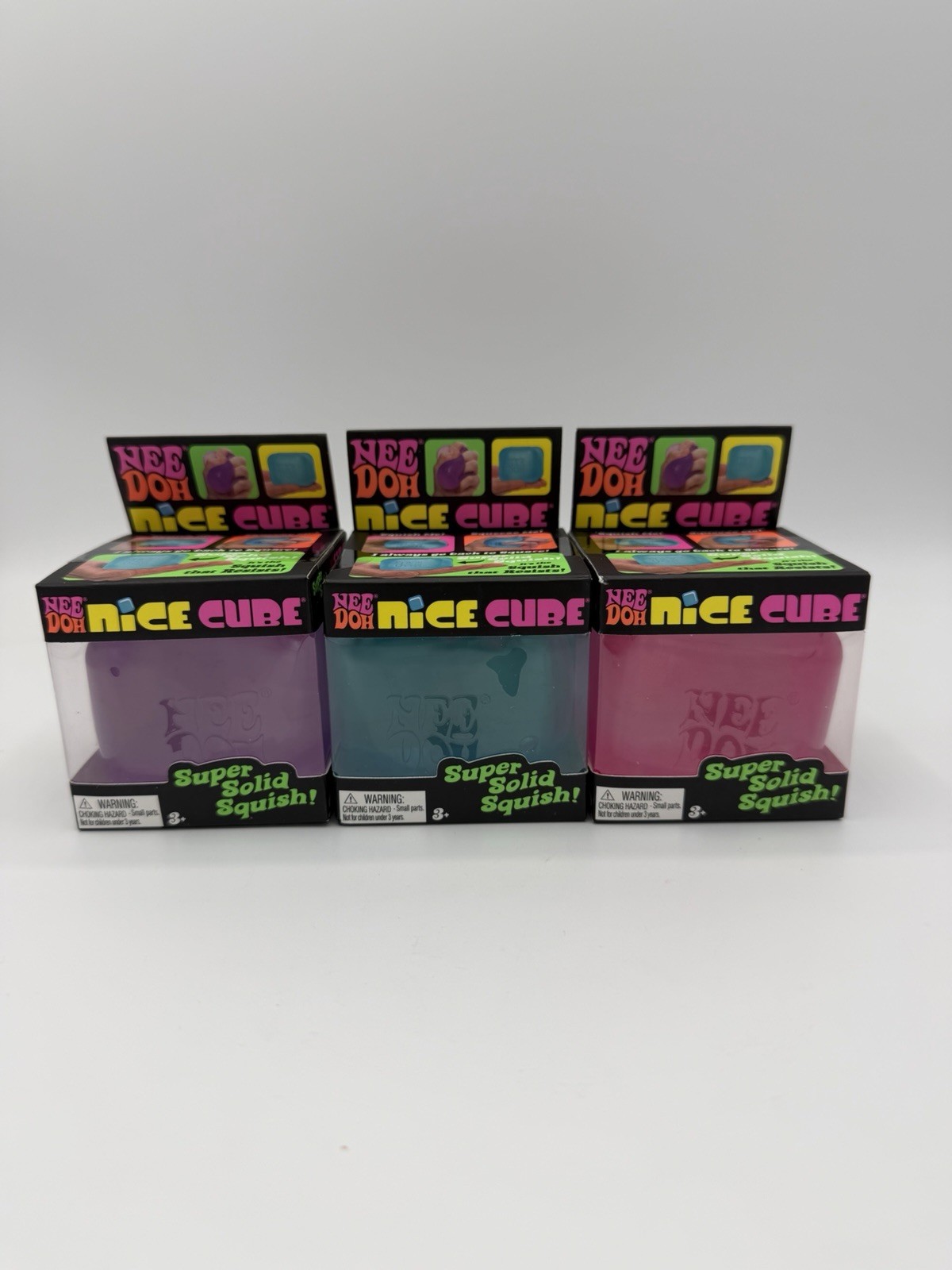 3 Schylling NeeDoh Nice Cube Super Solid Squish Squeeze Toys Pink Blue Purple