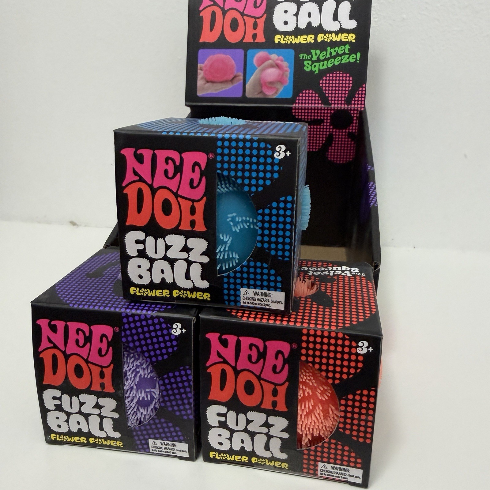 Needoh Fuzz Ball Flower Power Fidget Ball Purple Blue Orange LOT x3 w/ Display