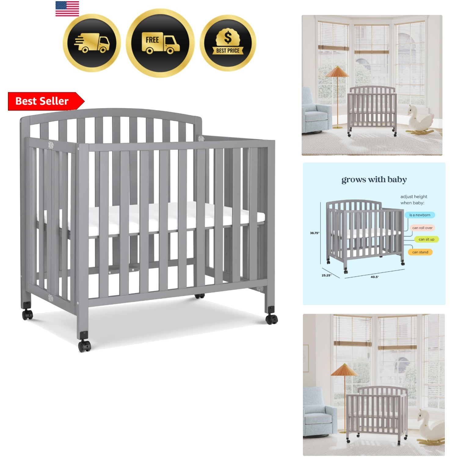 Dylan Folding Portable 3-in-1 Convertible Mini Crib and Twin Bed in Grey, Gre…