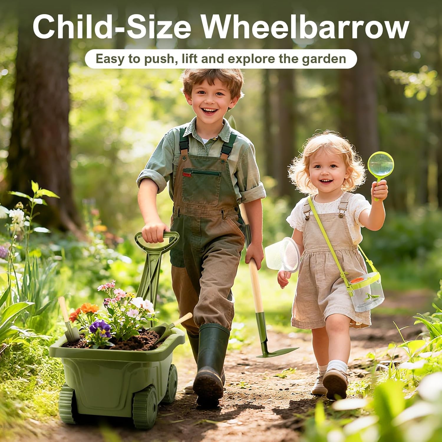 Green 2 In 1 Kids Gardening Tools Bug Catcher Kit with Wheelbarrow Bug House