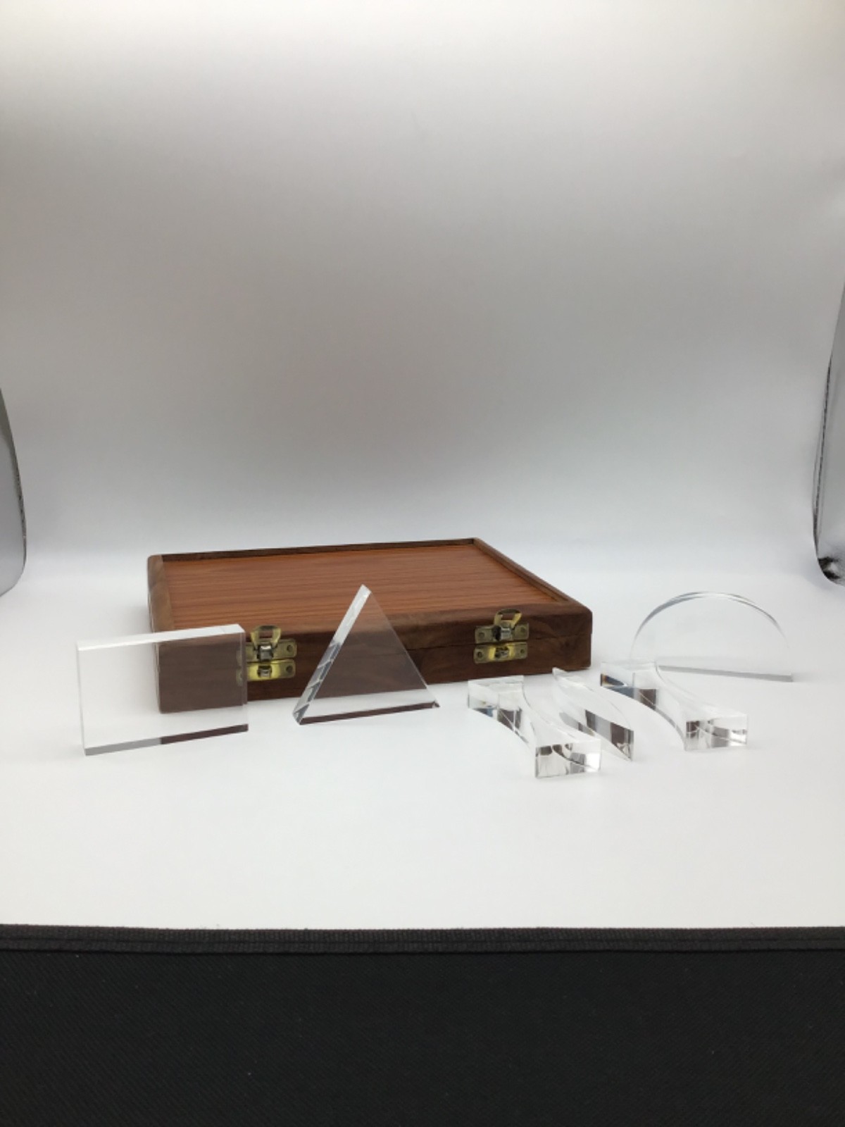 Optical Prism Set Of 6 Pieces Clear Acrylic Teaching Aid Wooden Boxed