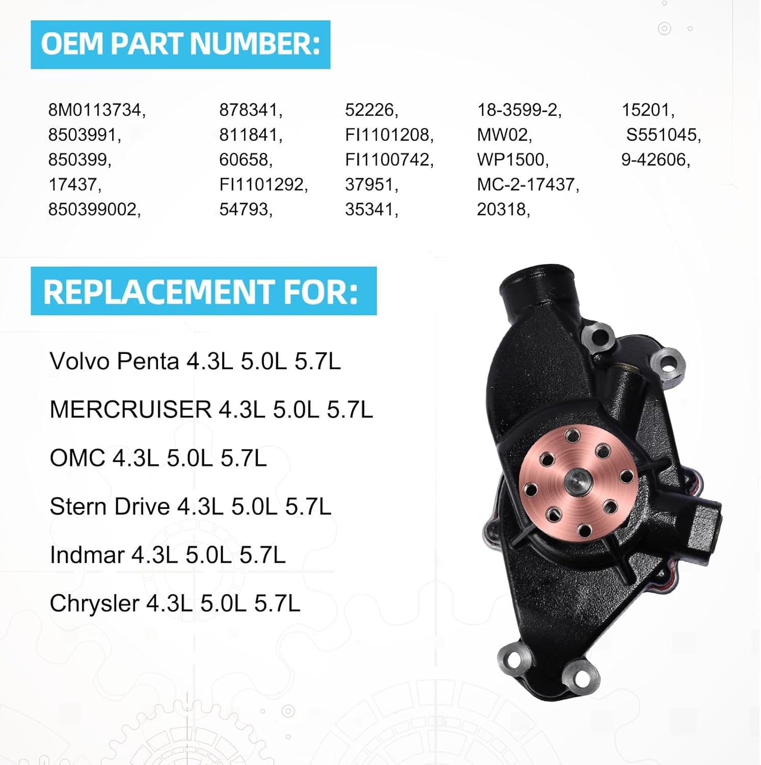 8M0113734 (Original Bronze Impeller,C&U Bearing) Sea Water Pump For 4.3L 5.0L