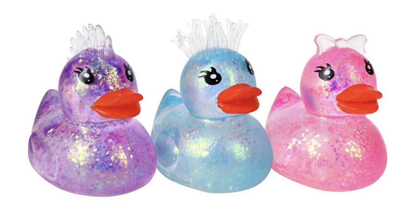 ORB Sugar Swaps Duck Pink Blue Purple Set of 3 Spiky Hair Bow Squishy Squeezy