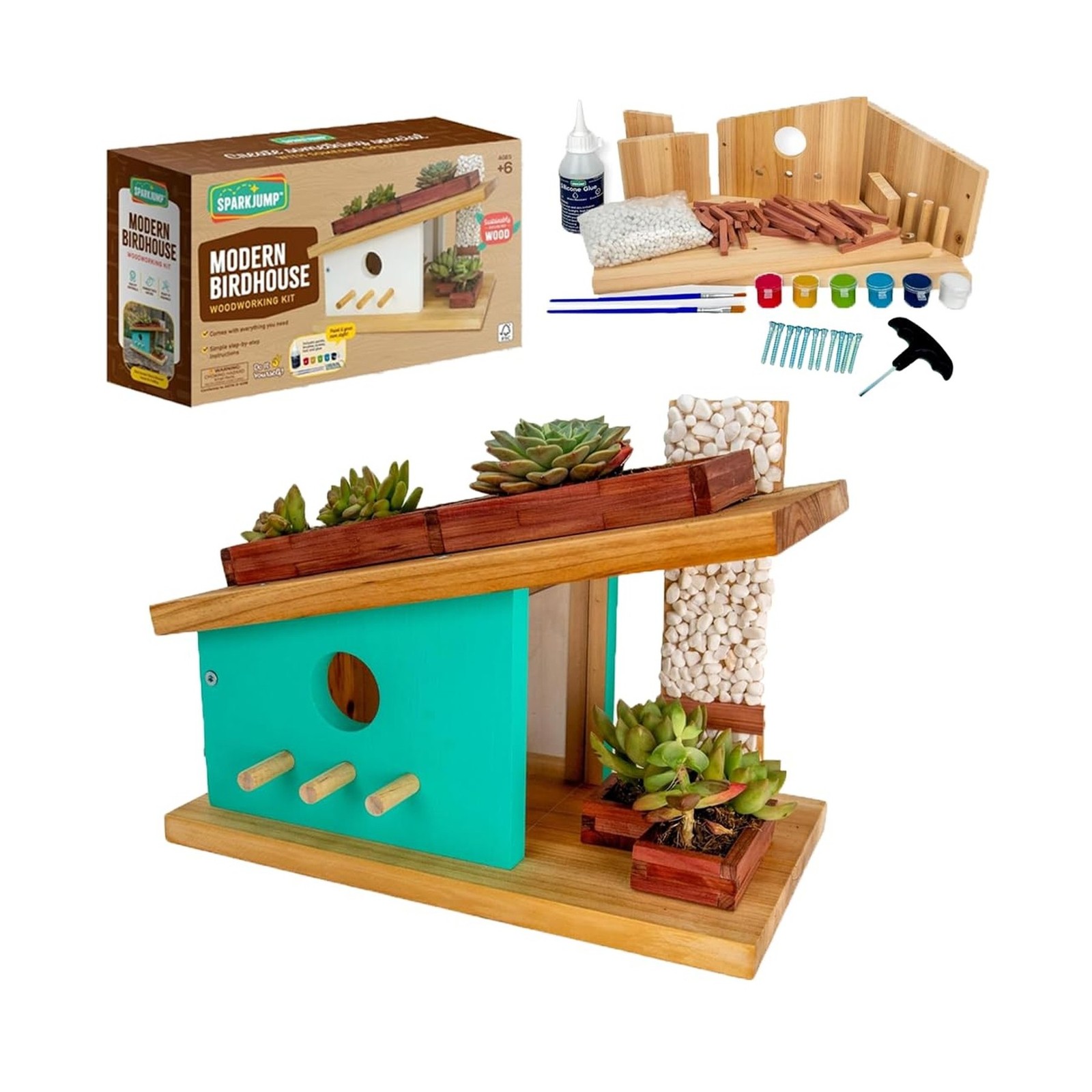 SparkJump Modern Birdhouse Woodworking Kit, Complete DIY Birdhouse for Kids &…