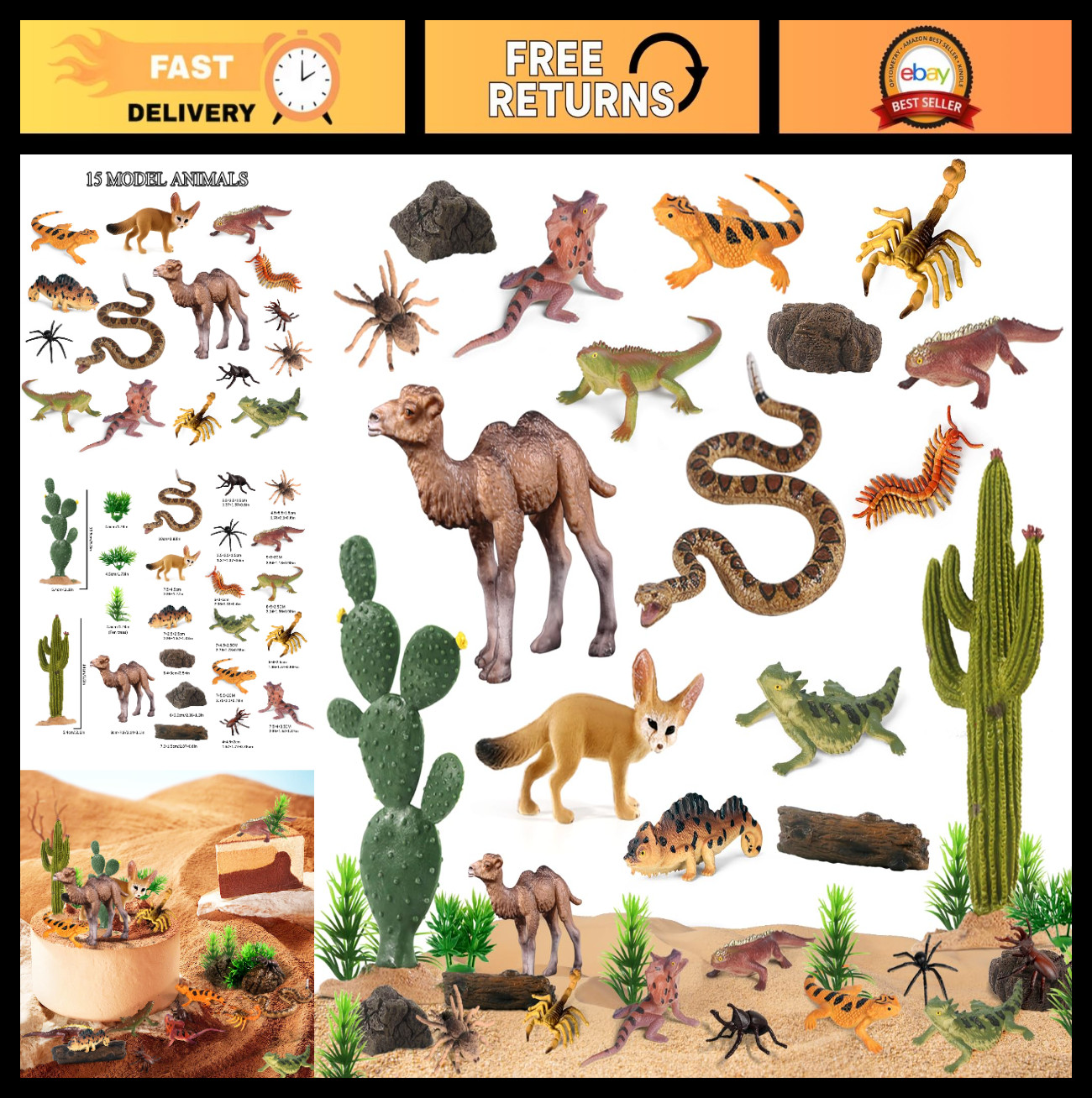 32Pcs Desert Animal Figures Set – Cactus, Trees, Camel, Fox, Snake & Reptile Toy